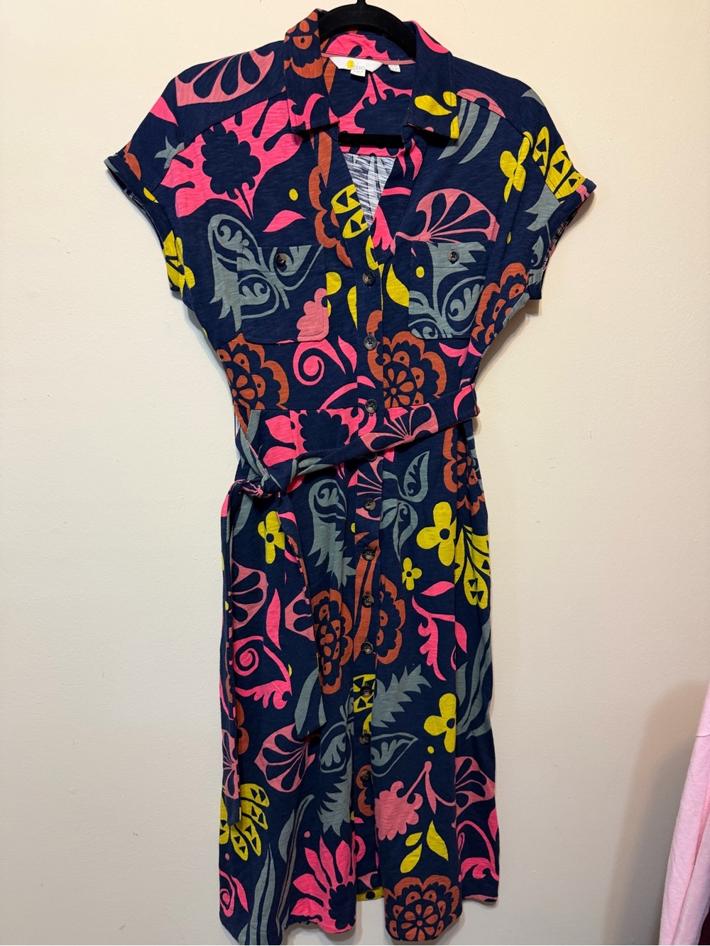 Boden Navy Floral Print Shirt Dress with Pink & Yellow Accents 2297